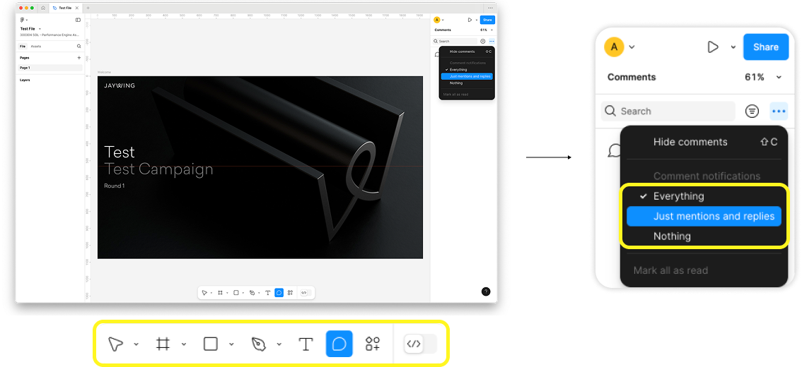 Changing Figma comment notification settings to just mentions and replies
